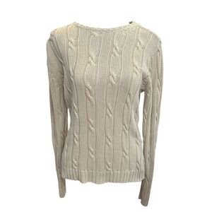 Eddie Bauer Beige Cable Knit‎ Sweater Tall Medium 100% Cotton Crew Neck
